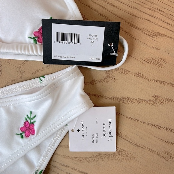 NWT Kate Spade White String Bikini Set Hot Pink Embroidered Floral Print Medium - Picture 4 of 8